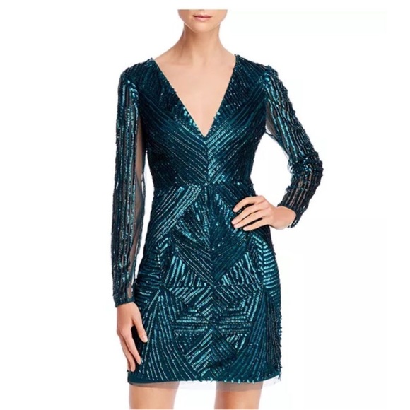 AIDAN AIDAN MATTOX Womens Sequined Short Sleeve Surplice Neckline Short Cocktail Sheath Dress main image 0
